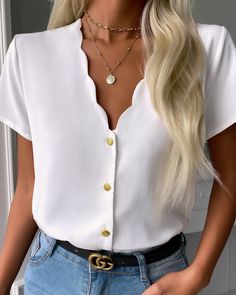 Material: Chiffon US Size: S, M, L, XL Item Type: Shirt Gender: Woman Color: White Style: fashion Scallop Trim, Women's Blouses, Womens Clothing Stores, Collar Blouse, Fashion Colours, Look Chic, Short Sleeve Top, Eminem, Short Sleeves Tops