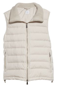 Lofty down insulation offers optimal warmth in this channel-quilted puffer vest detailed with signature logo-engraved zippers and a ribbed virgin-wool collar. Two-way front-zip closure Stand collar Front zip pockets Drawcord-toggle hem Lined, with 90% goose down, 10% duck feather fill 100% polyester with 100% virgin wool contrast Dry clean Made in Italy Designer Clothing Quilted Puffer Vest, Duck Feather, Down Vest, Fabric Gift Bags, Nordstrom Store, Fabric Gifts, Free Fabric, Puffer Vest, Signature Logo