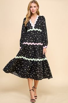 Dress Midi Length Long Sleeves V-Neck Ric Rac Trim Floral Print Tiered Casual Midi Dress With Lace Trim And V-neck, Casual V-neck Midi Dress With Lace Trim, Black Midi Dress With Lace Trim For Brunch, Black V-neck Dress With Ruffles, Casual Black V-neck Dress For Spring, Black V-neck Dress For Spring, Black V-neck Dresses With Lace Trim, Black Lace Trim Dresses For Spring, Black Midi Dress For Spring Brunch