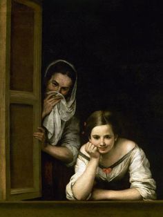 a painting of two people looking out the window at something in the distance, one woman is holding her hand up to her face