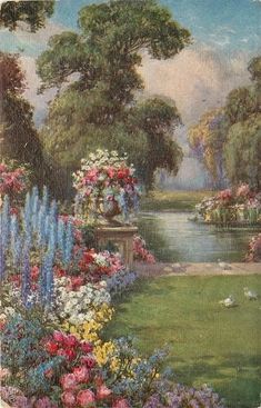 a painting of a garden with flowers and trees