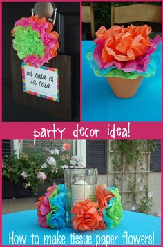 a collage of pictures with flowers and decorations on it, including a vase filled with tissue paper