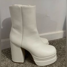 Questions? Leave A Comment Below! White Gogo Boots, White Heel Boots, White Platform Boots, Gogo Boots, White Platform, Shoes Brand, Heel Boots, Platform Boots, Woman Colour