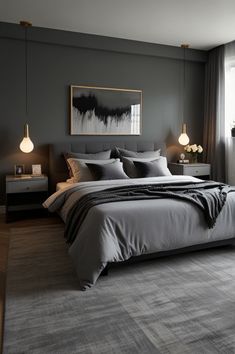 a bedroom with gray walls and carpeted flooring is pictured in this image, the bed has two lamps on either side