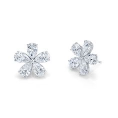 Pear shape flower arranged earrings set in 18K white gold. Total Carat Weight, select the carat weight below. 10 total stones Classic Flower Shaped Diamond Earrings For Formal Occasions, Classic Flower Shaped Diamond Earrings For Formal Events, Classic Diamond Flower Earrings For Formal Occasions, Classic Formal Flower Shaped Diamond Earrings, Classic Formal Diamond Flower Earrings, Formal Bridal Earrings With Cubic Zirconia In Flower Shape, Formal Flower-shaped Earrings With Prong Setting, Formal Flower Earrings With Prong Setting, Luxury Brilliant Cut Flower-shaped Earrings