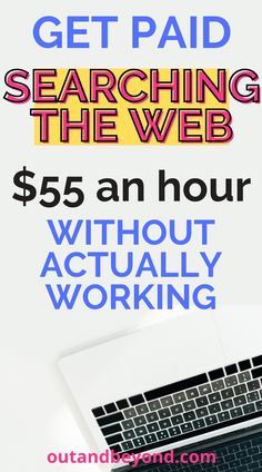 a laptop computer sitting on top of a desk next to a mouse and keyboard with the words get paid searching the web $ 55 an hour without actually working