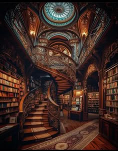 a spiral staircase in an old library with bookshelves and stained glass dome above it