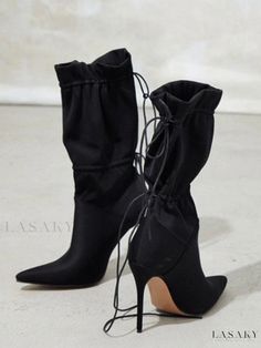 Lasaky - Luxurious Womens Mid-Calf Stiletto Heel Boots with Elegant Lace-Up Design and Drawstring Closure Stiletto Heel Boots, Heel Boots For Women, Fabric Boots, Womens Stilettos, Socks And Heels, Black Heel Boots, Stiletto Boots, Womens Mid Calf Boots, Platform Ankle Boots