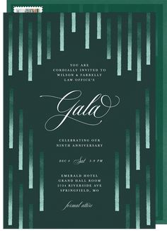 a green and white wedding card with the word gala on it in cursive writing