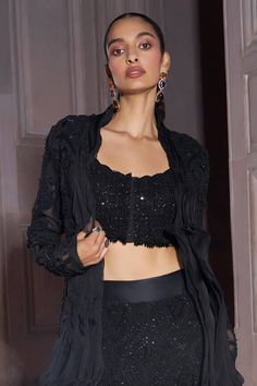 Black jacket with pearl, zari thread in floral embellishment and ruffle collar. Paired with embellished pant. - Aza Fashions Ridhima Bhasin, Floral Embellishment, Black Pure, Embellished Jacket, Ruffle Collar, Pants Pattern, Pant Set, Set For Women, Black Jacket