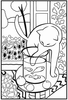 a cartoon character washing his hands in a bucket with fish and plants around him, coloring page