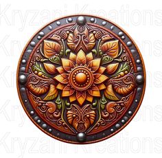 an artistically designed wooden plaque with flowers and leaves on it's side,