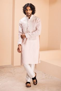 Baby pink linen kurta with placement dori embroidery on front. Paired with a contrasting plain aligadhi. - Aza Fashions Dori Embroidery, Pink Linen, Aza Fashion, Baby Pink, Types Of Sleeves, For Men, Embroidery, Fashion Design, Pink