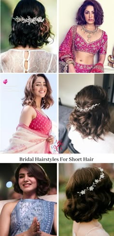 Hairdo For Short Hair Wedding Indian, Hairstyle On Gown For Short Hair, Short Hairstyles On Indian Wear, Gown Hairstyle For Short Hair, Short Hair In Indian Outfit, Bride Hairstyles For Short Hair Curls, Short Hairstyles For Wedding Indian, Short Hairstyle For Engagement Bride, Party Hairstyles For Short Hair Indian