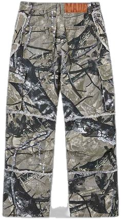 the camo cargo pant is shown in grey and black, with an orange belt