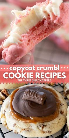 a cookie with chocolate frosting on top and the words copycat crumbl cookie recipes