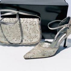 Stuart Weitzman Pewter Scallop Lace High Heel With Rhinestone Buckle Closure. Slight Demarcations; Please See Photos. Never Worn. Coordinating Hand Bag Sold Separately On This Site Jimitam Lace High Heels, Brown Block Heels, Silver Heel, Leopard Print Bag, Snake Skin Handbag, Black Peep Toe Heels, Stuart Weitzman Heels, Black Suede Pumps, Bow Heels