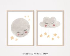 two framed pictures with clouds and stars on them, one has eyes closed while the other has