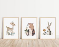 three framed pictures with animals and plants in them on a wooden floor next to a white wall