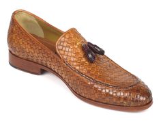 Tassel loafer slip-on style men's shoes. Green woven leather upper with leather sole Camel leather lining and inner sole. This is a made-to-order product. Please allow 15 days for the delivery. Because our shoes are hand-painted and couture-level creations, each shoe will have a unique hue and polish, and color may differ slightly from the picture. Luxury Brown Slip-on Tassel Loafers, Brown Business Loafers With Woven Sole, Brown Formal Loafers With Woven Sole, Formal Brown Loafers With Woven Sole, Formal Brown Moccasins With Woven Sole, Formal Brown Woven Leather Loafers, Brown Woven Leather Slip-on Loafers, Mens Loafers, Shoes Green