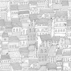 black and white cityscape with lots of buildings in the foreground, drawn by hand