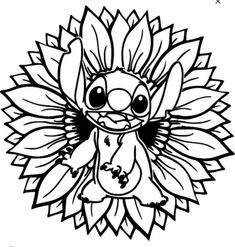 a black and white drawing of a sunflower with an animal on it's face