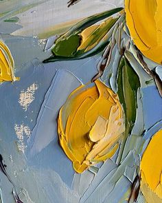 an abstract painting with yellow flowers and green leaves