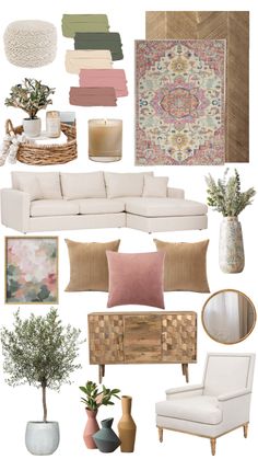 a living room filled with lots of furniture and decorating items in shades of pink, green