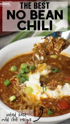 the best no bean chili recipe is in a white bowl