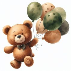 a brown teddy bear flying through the air with green and brown balloons in it's mouth