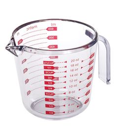 a measuring cup with measurements on the side and handle for measuring liquid or liquids, is shown against a white background