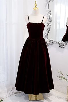 Black Velvet And Lace Dress, Formal Sleeveless Velvet Midi Dress, Sleeveless Velvet Midi Dress For Formal Occasions, Burgundy A-line Midi Dress For Formal Occasions, Elegant Red Sleeveless Velvet Dress, Elegant Sleeveless Red Velvet Dress, Elegant Velvet Dress With Spaghetti Straps, Elegant Burgundy Dress With Spaghetti Straps, Burgundy Spaghetti Strap Evening Dress