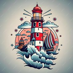 a lighthouse surrounded by waves and stars