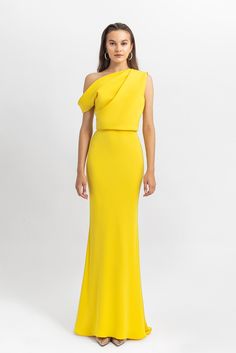 Asymmetrical cut crepe long dress with draping details on the upper pa – HerTrove Dress With Draping, Cocktail Dress Yellow, Asymmetrical Cut, Midi Dress Style, Dress Fitted, Long Midi Dress, Lebanon, Yellow Dress, Chiffon Dress