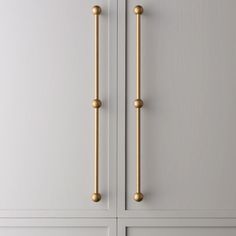 an image of a door handle on the front of a white cabinet with gold knobs