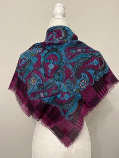 "This scarf is gorgeous!  It's an acrylic fringe scarf made in Japan for Glentex.  Glentex has a long history in beautiful scarves.  This one is from circa 70s, possibly older.  I love the vibrant colors!  Purple and turquoise dominate in a paisley and checked pattern.  It's very intricate and unique.  Quite stunning!  It is a large size 30\" x 30\" without fringe.  The fringe adds about 1/4\" on each side.  It's in excellent condition!  This one won't disappoint!  Love it!  Thanks for looking!" Purple Bohemian Scarves For Winter, Purple Bohemian Scarf For Winter, Purple Bohemian Scarf, One Size, Purple Bohemian Scarf One Size, Bohemian Purple Scarf One Size, One Size Purple Bohemian Scarf, One Size Bohemian Purple Scarf, Blue Bohemian Scarf With Paisley Print, Blue Paisley Print Bohemian Scarf