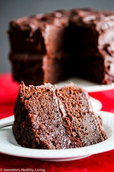 a piece of chocolate cake on a white plate