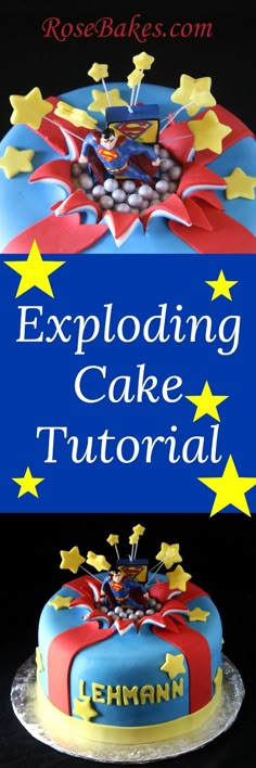 a cake that is decorated with stars and the words exploding cake tutorial on it