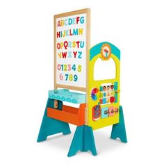 a child's wooden easel with letters and numbers on the front, sitting in front of a white background