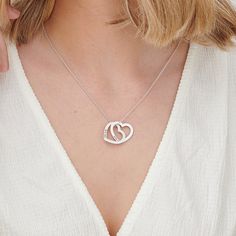 "Personalized Love Locked Interlocking Hearts Pendant Name Necklace. Dainty Unique Minimalist Style Jewelry in silver, gold, rose gold, solid gold. Christmas gifts for her, mom, sister, aunt, best friend, wife, or yourself. ★ D E T A I L S ∙ & ∙ M A T E R I A L ∙ I N F O Material: Sterling Silver 925 / 18k Gold Plated Sterling Silver 925 / 18k Rose Gold Plated Sterling Silver 925 / Gold Vermeil Plated Sterling Silver 925 Thickness: 1.1 mm / 0.04\" Measurements: 17.78 mm x 21.59 mm / 0.7\" x Anniversary Open Heart Charm Necklace With Adjustable Chain, Everyday Double Heart Necklaces For Mother's Day, Silver Heart Detail Jewelry For Mother's Day, Minimalist Heart Detail Necklace For Anniversary, Double Heart Charm Necklaces For Valentine's Day Anniversary, Double Heart Necklace With Adjustable Chain For Anniversary, Double Heart Charm Necklaces For Anniversary On Valentine's Day, Minimalist Open Heart Charm Necklace For Anniversary, Double Heart Charm Necklace For Anniversary