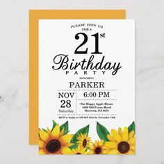 a sunflower birthday party card with the number twenty and two sunflowers on it