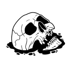 a black and white drawing of a skull with teeth in the water on a white background