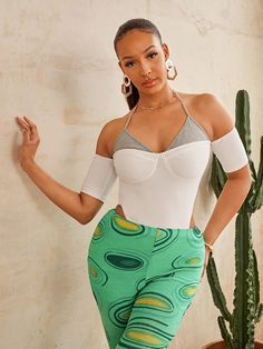 0 Halter Bodysuit, Tie Back, Color Blocking, Off The Shoulder, Off Shoulder, Types Of Sleeves