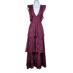 Lulu's Molinetto Sleeveless Burgundy Lace Ruffled Tiered Maxi Dress Size S Nwt Lulu's Molinetto Sleeveless Lace Ruffled Tiered Maxi Dress In Burgundy. Lined. Ruffle Detail. V-Neck Neckline. Back Zip Closure. No Stains Or Holes. Party Event Dress. Size: S Length: 53" Pit To Pit: 16.75" Waist: 14.25" Condition: New With Tag Box 3 D/16/13pmer Taupe Maxi Dress, Knit Gown, White Lace Maxi Dress, Blue Floral Maxi Dress, White Lace Maxi, Ribbed Maxi Dress, Event Dress, Maxi Gown Dress, Burgundy Lace