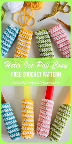 four crocheted toothbrush holders with text overlay that says, hex me pop easy free crochet pattern