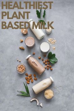 the healthist plant based milk is on display with nuts and other items around it