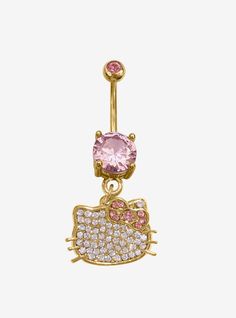 a hello kitty belly ring with pink and white crystals on the bottom, in gold tone