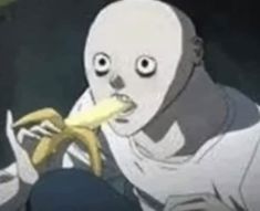 a cartoon character eating a banana with eyes wide open