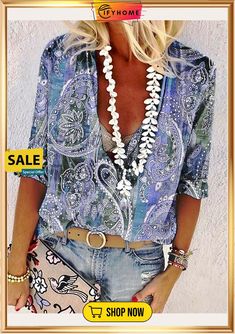 Women's Shirt Blouse Yellow Red Blue Paisley Button Print Long Sleeve Casual Daily Basic V Neck Regular S Blue Collared Bohemian Tops, Casual Long Sleeve Blouse With Paisley Print, Casual Long Sleeve Paisley Print Blouse, Blue Paisley Print Shirt For Summer, Summer Long Sleeve Shirt With Paisley Print, Casual Collared Tops With Paisley Print, Blue Bohemian Button-up Shirt, Bohemian Blue Button-up Shirt, Spring Casual Shirt With Paisley Print