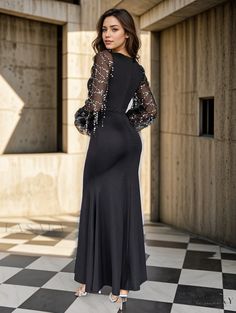 Lasaky - Elegant Bodycon Pencil Dress – Long Sleeve Sexy Dress Slim Fit Long Sleeve Party Dress, Slim Fit Long Sleeve Dress For Party, Fitted Maxi Length Club Dresses, Elegant Floor-length Maxi Dress For Club, Dressy Evening Bodycon Dress With Fitted Stretch, Floor-length Black Bodycon Dress, Dressy Fitted Bodycon Evening Dress, Dressy Fitted Bodycon Dress For Evening, Fitted Floor-length Club Dress